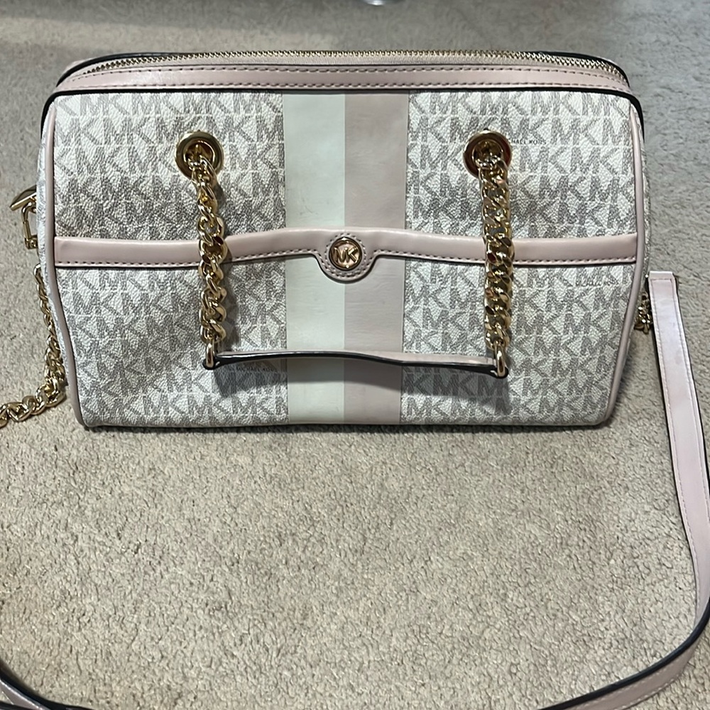 Michael Kors Pink and White MK Signature Satchel with Gold Chain
